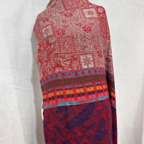 Pashmina Red Multicolor Fringe Floral Woven Scarf Wrap Large Bohemian Earthy - Picture 2 of 7